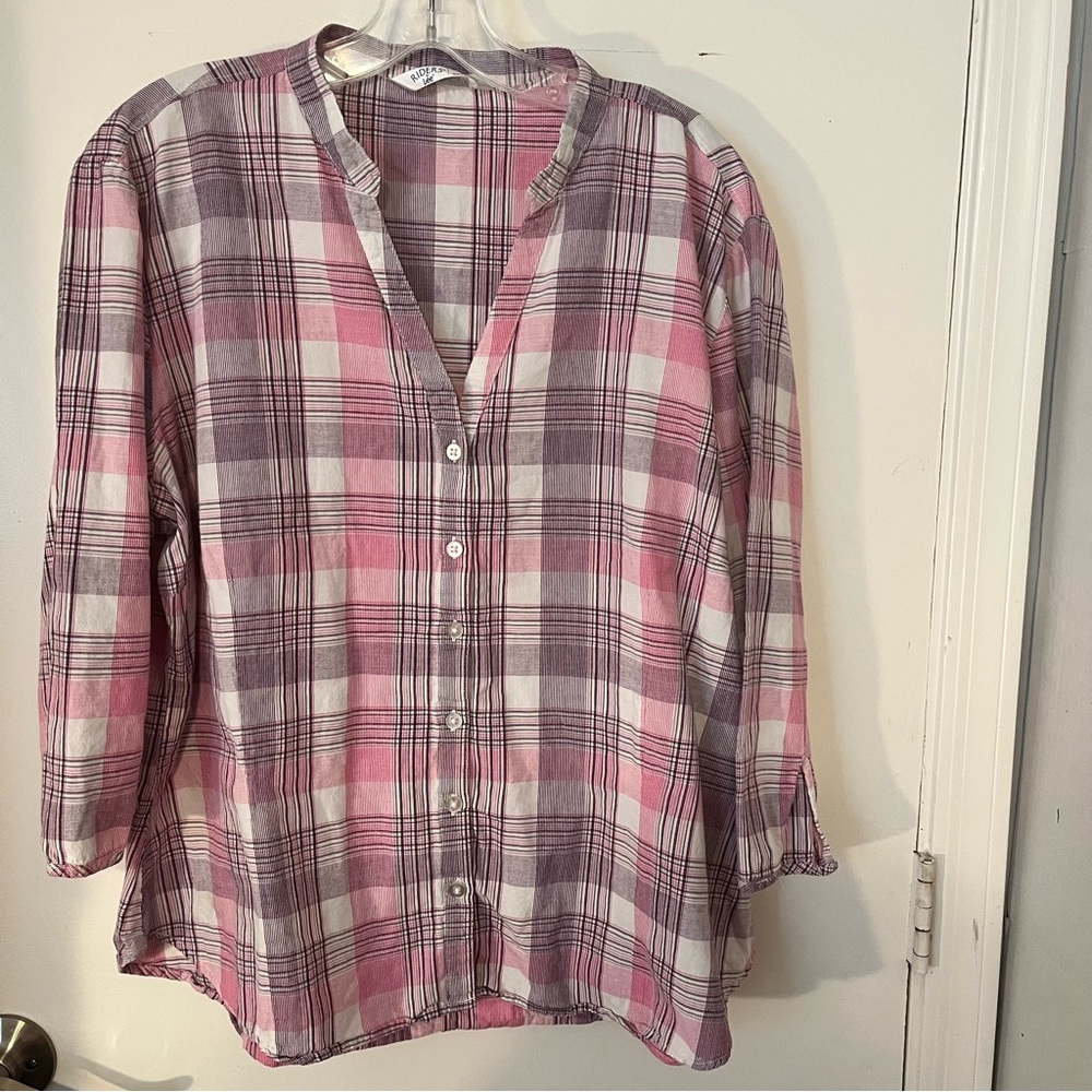 Rider Lee brand women’s pink plaid top Three-quarter length sleeves 100% cotton